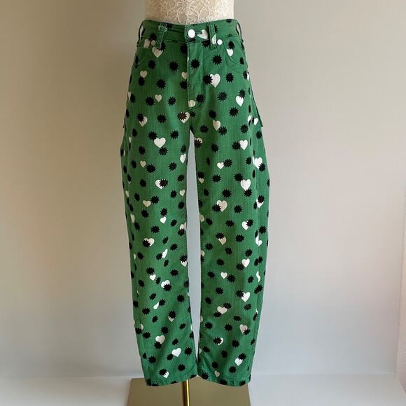 Maeve Anthropologie Jeans Green The Cigarette Heart Denim Pants Size 26 Festival - Picture 1 of 9